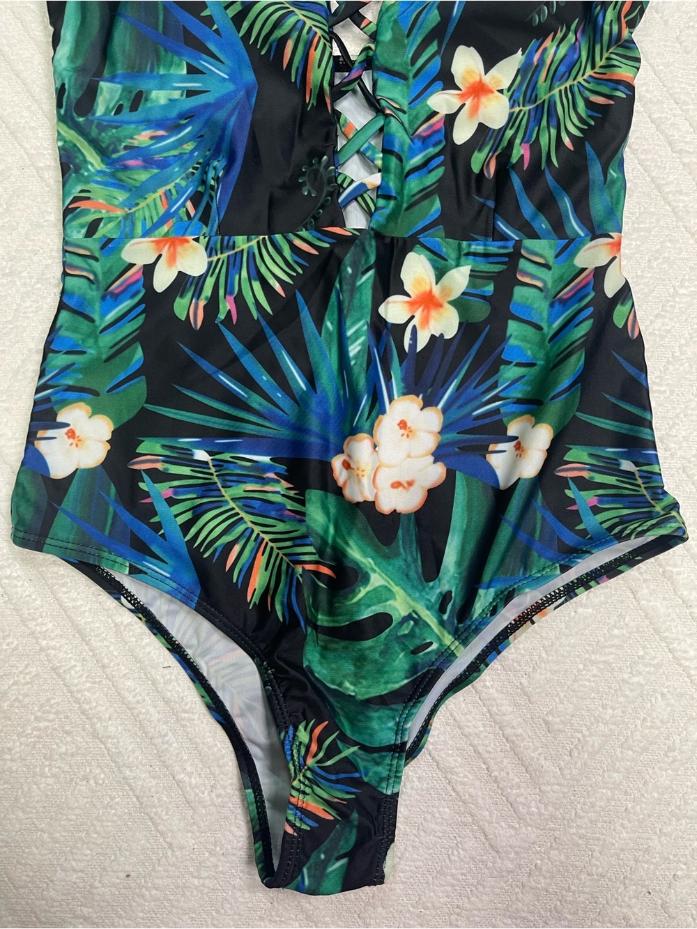 Tropical Floral One-Piece Swimsuit Green/Blue with Lace Up Front Size L - Picture 4 of 12